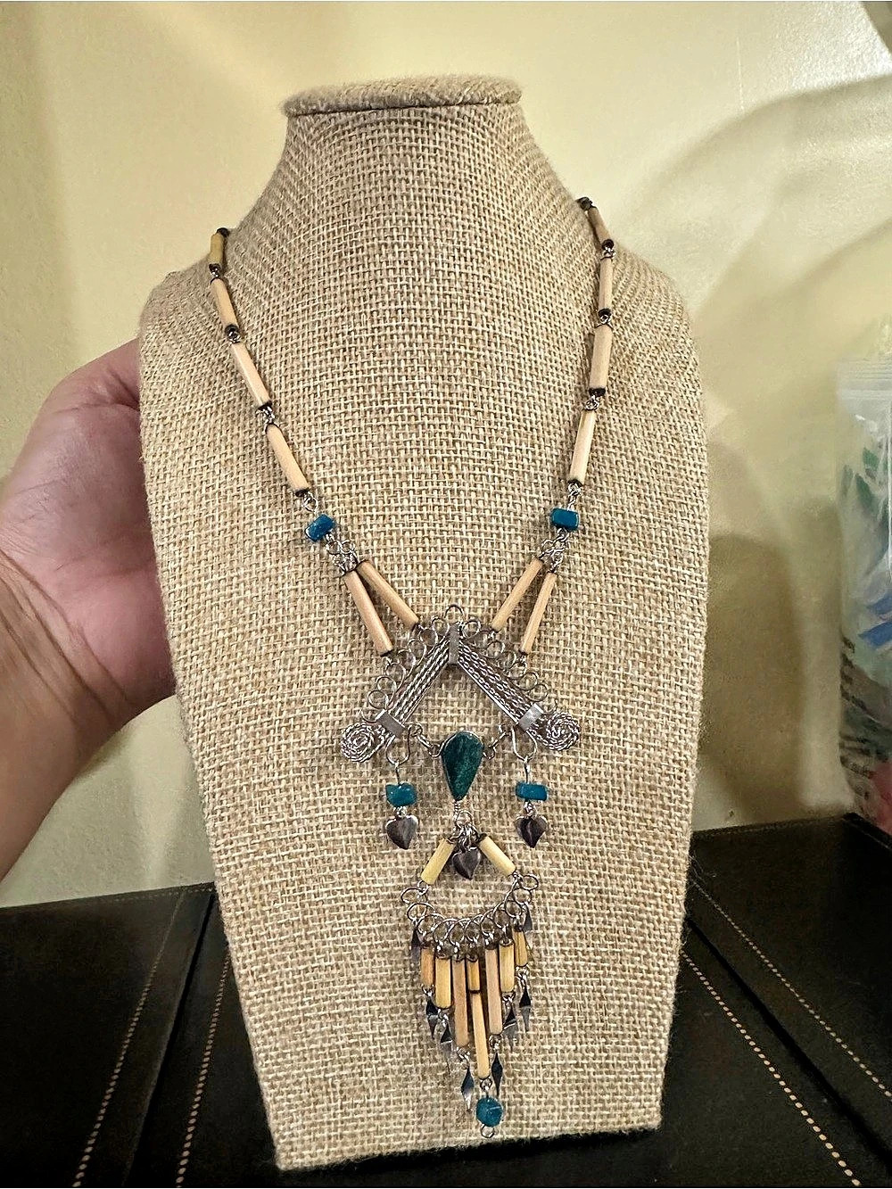 Vintage Turquoise Pendant Bamboo Statement Necklace